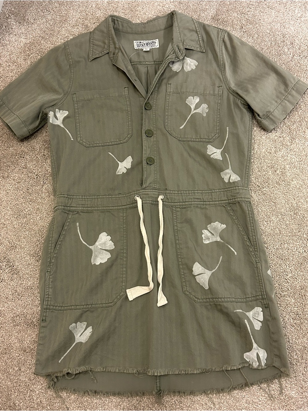 Lucky Brand Olive Green Drawstring Utility Dress with Leaf Motif
